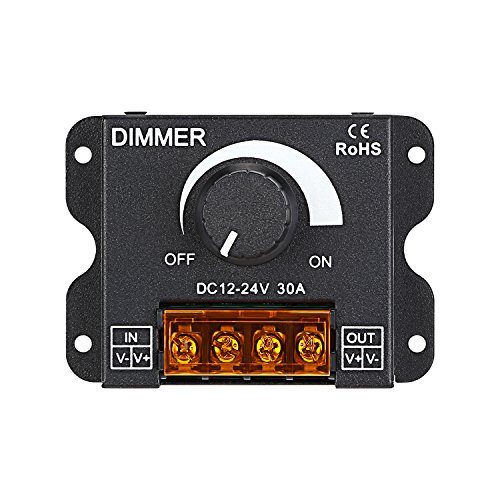 TORCHSTAR PWM Dimming Controller for LED Strip Light, DC 12V - 24V Dimmer Knob ON/OFF Switch with Aluminum Housing, Single Channel 30A 5050 3538 5630 Single Color Light Ribbon