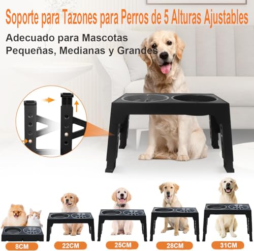 3PCS Comedero para Perro（Stainless steel bowl*2+Plato para Alimentación Lenta*1）, Cuenco Elevado para Perros,Soporte Elevado para Cuencospara Perros y Mascotas pequeños, medianos y Grandes(Negro)
