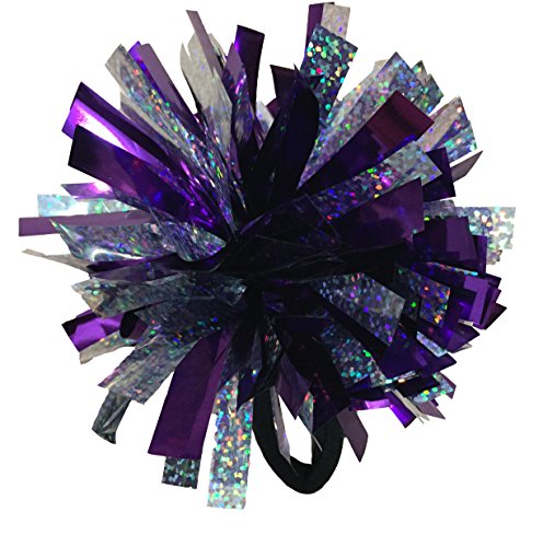 kuugear Set of 3, Wearable 2-Color 2" Metallic Pom Poms for Cheerleading, Team Spirit, Party Costume, Ponytail Holder, Holiday Celebration, and Decor - Holo Silver/Metallic Purple