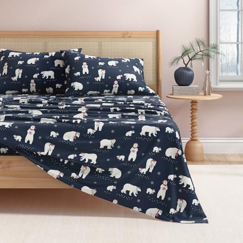 Great Bay Home 100% Turkish Cotton Flannel Sheet Set Deep Pockets Soft Bed Sheets Warm Anti-Pilling Flannel Sheets (Twin, Navy Polar Bears)