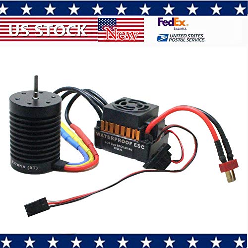 Brushless Motor, Upgrade Waterproof 9T 4370KV Brushless Motor + 60A ESC +Program Card Combo for 1/10 RC Car Truck US (Black)