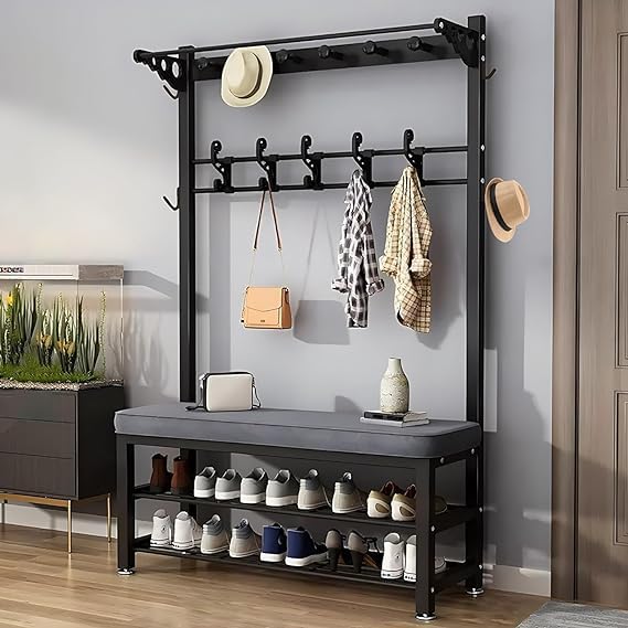 Hcosmy Shoe Rack, Shoes Bench Seat, Multifunctional shoe rack and coat rack, Industrial Coat Rack Stand with Bench, Free Standing Coat Tree, Entryway Storage Shelf, for Living Room,Hallway