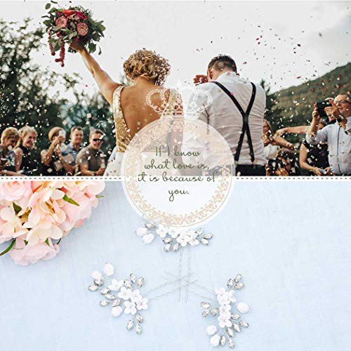 Barogirl Bride White Flower Wedding Hair Pins Clips Rhinestone Silver Bridal Hair Piece Accessories for Women, Set of 3