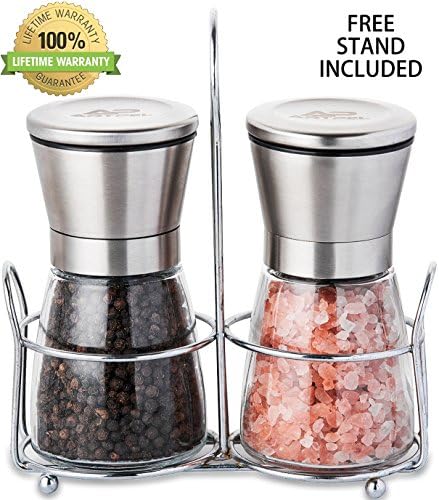 Manual Cordless Salt &amp; Pepper Grinders Set With Matching Stand– Glass Body &amp; Stainless Steel Top Shakers– Adjustable Ceramic Grinding Mechanism– Easy To Refill Mills– Cool, Modern, Great Gift