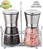 Manual Cordless Salt & Pepper Grinders Set With Matching Stand– Glass Body & Stainless Steel Top Shakers– Adjustable Ceramic Grinding Mechanism– Easy To Refill Mills– Cool, Modern, Great Gift