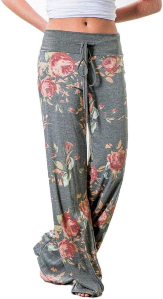 Casual Yoga Pants,Womens Floral Yoga Palazzo Drawstring Casual Loose Wide Leg Pants Trousers Leggings