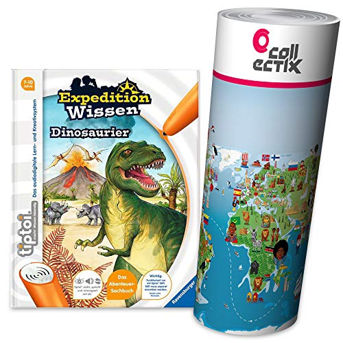 Ravensburger tiptoi ® Bücher Set | Expedition Wissen: Dinosaurier + Kinder Weltkarte - Länder, Tiere, Kontinente