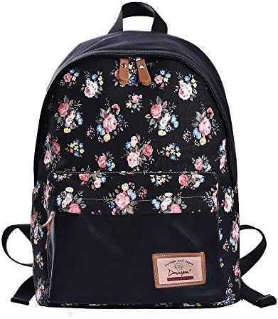 Floral School Backpacks Canvas Cute Printed Backpack for Teenage Girls (Black L)
