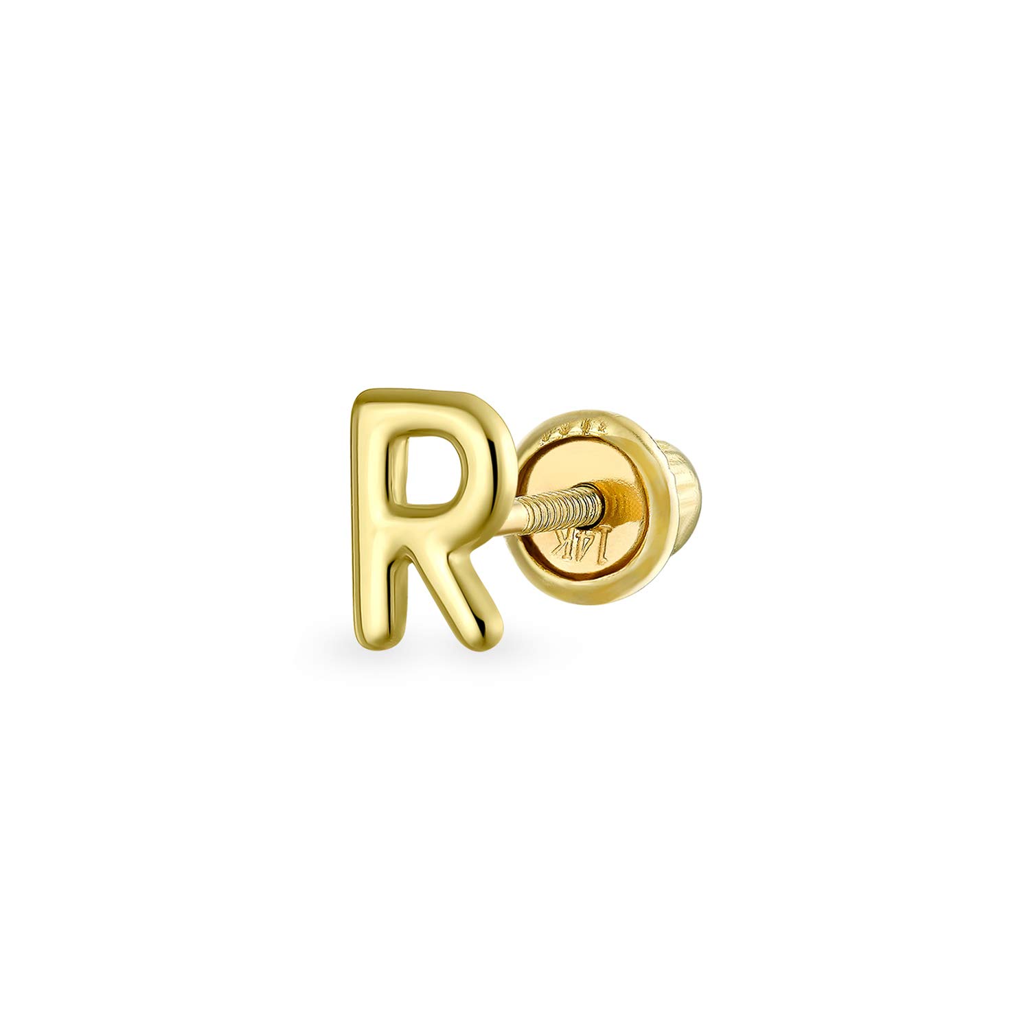 ABC Minimalist Real Yellow 14K Gold Capital Block Alphabet Letter Initial R Cartilage Ear Lobe Piercing 1 Piece Stud Earring Screw Back For Teen Women Men