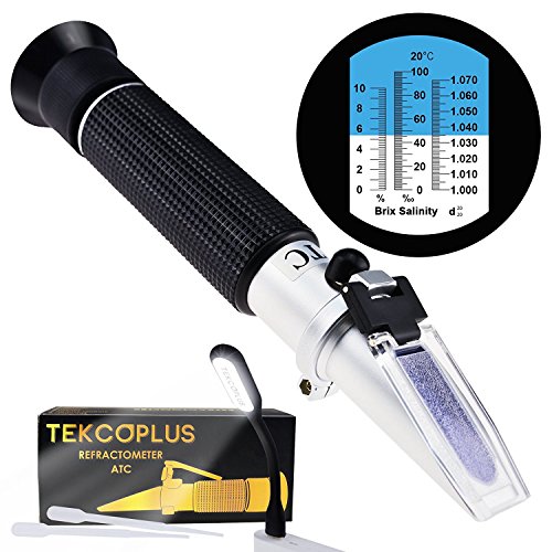 Dual Scale Salinity & Brix Refractometer w/ ATC Optics, 0-10% Brix and 0-100 ppt Salinity for CNC Cutting Liquid for Salt Sea Water Aquarium Tank Marine Industry with LED light + Pipettes