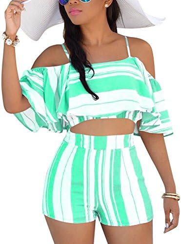 Desirepath Womens 2 Piece Summer Outfits Striped Print Ruffled Crop Cami Top with Shorts Set