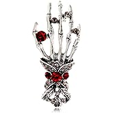 Vintage Skeleton Hand Lapel Brooch Pin for Women Men Girls Rhinestone Red Crystal Skull Halloween Pins Clip Sweater Dress Suit Backpack Brooches Pins Punk Festive Party Jewelry Gifts Clothes