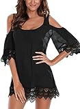 EVALESS Women's Casual Loose Crochet Cold Shoulder Three Quarter Sleeve Dress Cover Up