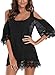 EVALESS Women's Casual Loose Crochet Cold Shoulder Three Quarter Sleeve Dress Cover Up