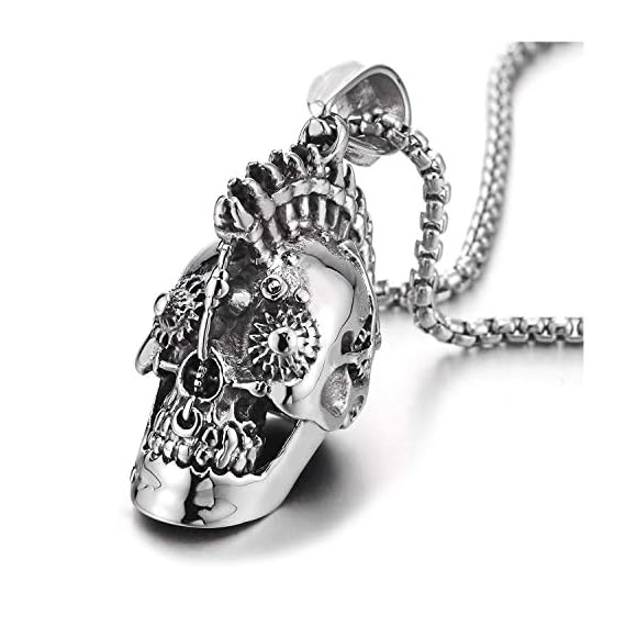 COOLSTEELANDBEYOND-Mens-Stainless-Steel-Rock-Punk-Mechanic-Skull-Pendant-Necklace-with-30-inches-Wheat-Chain-Gothic