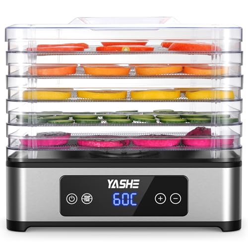 YASHE Food Dehydrator, 5 Stainless Steel Trays, Adjustable Timer and Temperature, 360° Air Flow, BPA Free, 400W Dehydrator for Dried Meat, Fruits, Herbs, Snacks