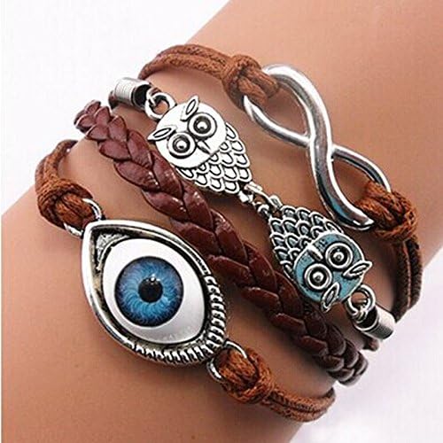 Kycut Gold Bangle Charm Bracelets Handmade Adjustable Owls Eye 8 Multilayer Leather Bracelet Wristband
