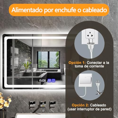 Espejo para Baño con luz LED,Espejo de 40x60cm,para tocador(Square 40*60cm) | Iluminación ajustable de 3 colores, eliminación de niebla, visualización de temperatura de tiempo.