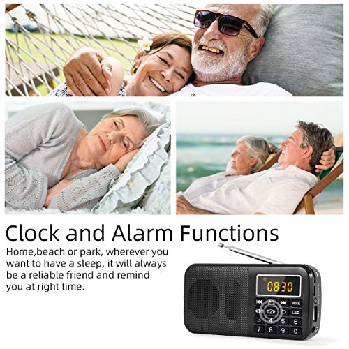 PRUNUS J-725 Portable Rechargeable Radio, FM Radio with 3000mAh Rechargeable Battery, Small Portable Digital Radio with Clock/Alarm Clock and Emergency Lighting, Support MP3/SD/USB/AUX