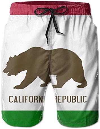 PPANFKEI California Flags Bear Mens Breathable Board Shorts Loose Fit Linen Surf Trunks Running Short