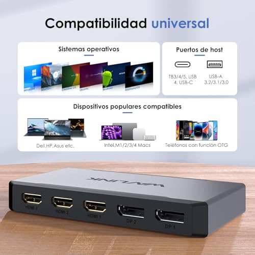 WAVLINK Triple Monitor Adapter for macOS M1/M2/M3/M4 Systems. Type-C&A Hosts, 100W PD IN, 3 HDMI 2 DP Available, Triple 4K@60Hz, USB 3.2 Gen 2 Host and SMI Driver Required