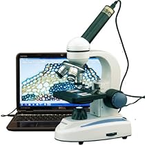 AmScope M158C-E Compound Monocular Microscope, WF10x and WF25x Eyepieces, 40x-1000x Magnification, Brightfield, LED Illumination, Plain Stage, 110V, Includes 0.3MP Camera and Software