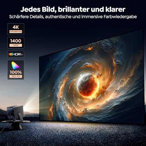 Beamer 4K [Schnellste VIDAA OS] Kompatibel mit Netflix & Dolby Audio, 1400ANSI 1080P Smart Beamer Heimkino Autofokus Trapezkorrektur, WiFi 6 & Bluetooth 5.4, 200°Drehbar Tragbarer Outdoor Projektor