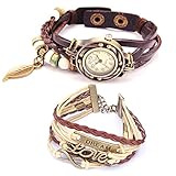 Belle (TM) Strap Weaved Beads Leather Bracelet Wrist Watch Dark Brown + Girls Charms Leather Weave + Bag