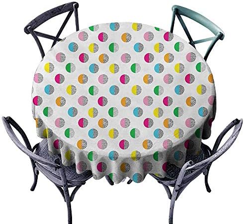 VIVIDX Water Table Cloth,Colorful,Eighties Nineties Style Design with Circles in Different Colors and Doodle Details,for Events Party Restaurant Dining Table Cover,70 INCH,Multicolor