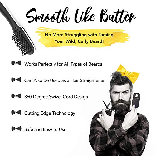 Beard Straightener Brush - Ceramic Heat w/Anti-Scald and Automatic Shut-Off Safety Features, 3-Temp Settings, LED Display - Straightening Brush w/Ionic Conditioning for Smooth and Sleek Hair