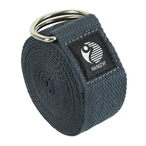 Yansyi Yoga Strap (8ft), Durable Polyester Cotton Exercise Straps w/Adjustable D-Ring Buckle for Stretching, General Fitness, Flexibility and Physical Therapy – Gray, 8ft