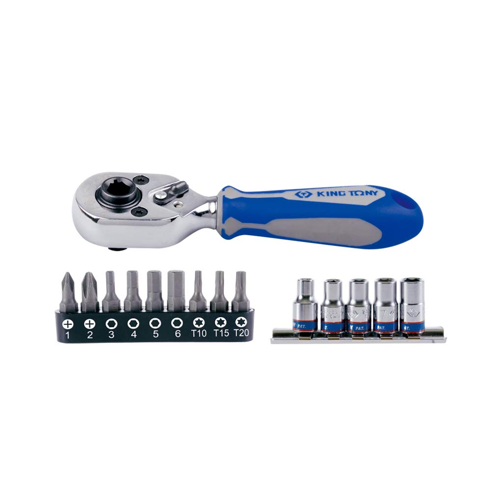 KING TONY 2515MR Mini Ratchet + Bits Y Sockets En Blister for DIYers & professionals, designed for repair and installation tasks, 15 pieces