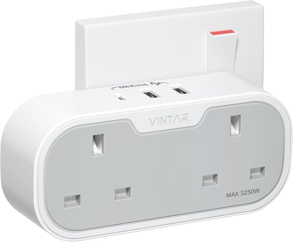 VINTAR Double Plug Adaptor UK 5 in 1 USB C USB A 13A 3 Pin Socket 2 Outlets