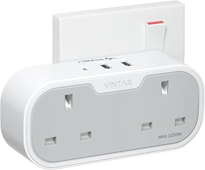 VINTAR Double Plug Adaptor UK 5 in 1 USB C USB A 13A 3 Pin Socket 2 Outlets