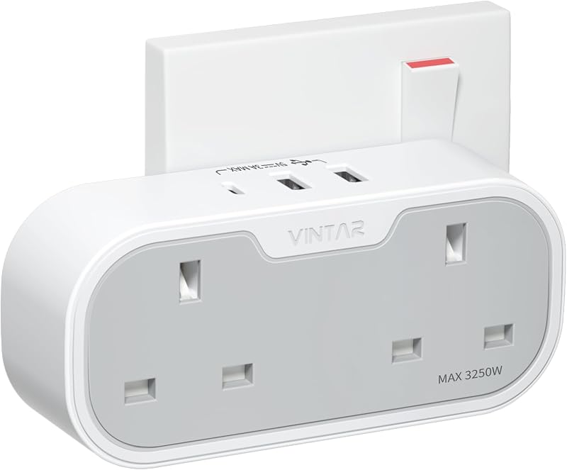 VINTAR Double Plug Adaptor UK 5 in 1 USB C USB A 13A 3 Pin Socket 2 Outlets