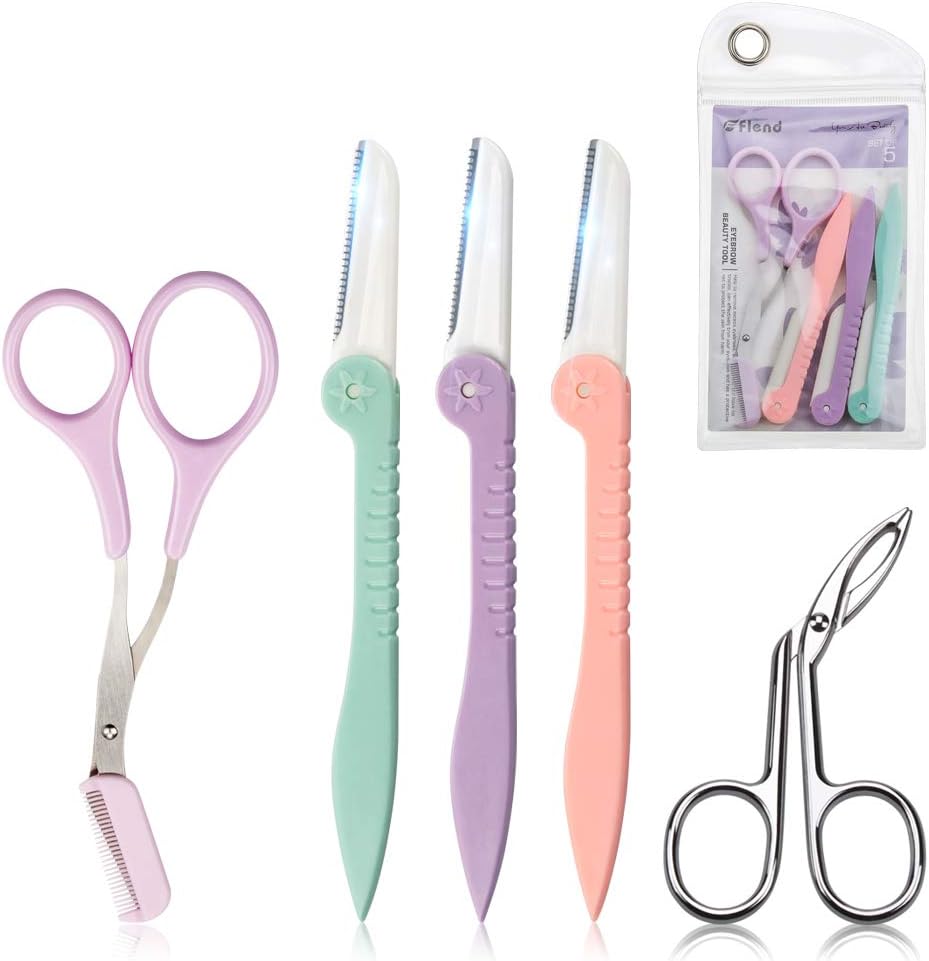Eyebrow Trimmer Trim Perfectly Shaped Brows, Eyebrow Razor 3 PCS, Eyebrow Comb Scissor & Tweezers Set for Eyebrow Dermaplaning Tool Grooming Foldable Trimmer Kit (5 Count in 1 Pack)