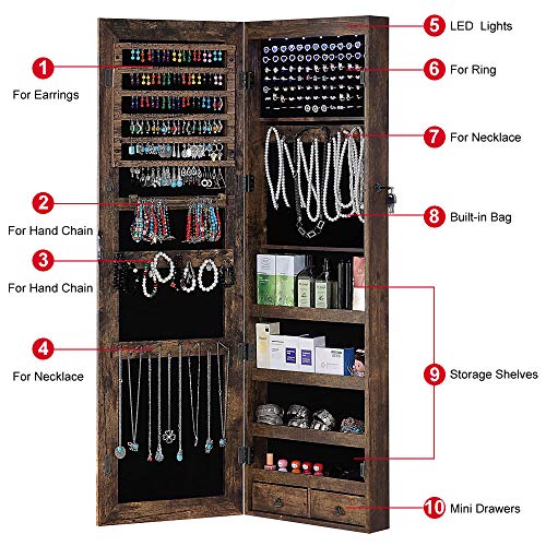 GISSAR Full Length Mirror Jewelry 6 LEDs Jewelry Armoire Wall Mounted Over The Door