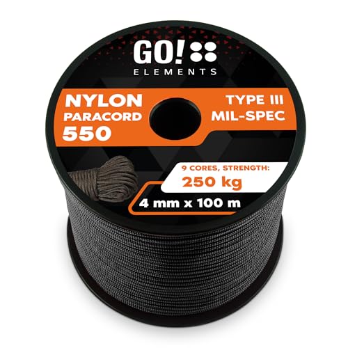 GO!elements 100m Paracord made of Nylon Rope - 4mm Paracord 550 Type III - suitable as Drawstring Cord, Washing Line Rope, etc. | Max. 250kg, Color:Black