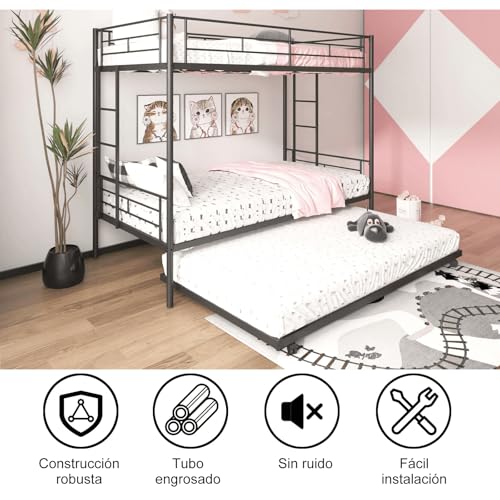VirtuSync 200 x 105 cm Litera Individual con Cama Nido, Cama Triple para Adolescentes, Estructura Metálica Fuerte con Barandal Alto