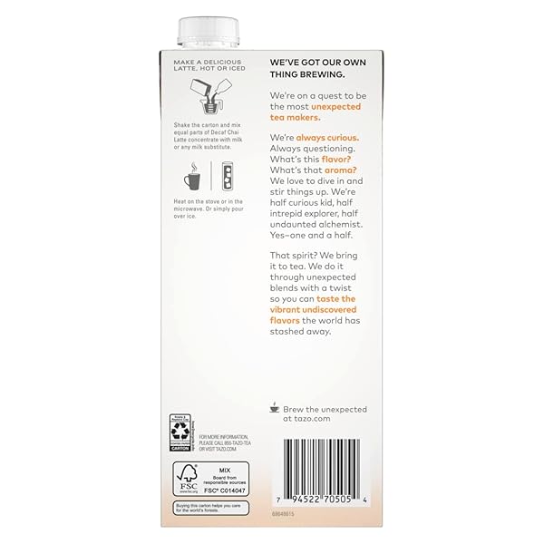 TAZO DECAF CHAI LATTE, BLACK TEA CONCENTRATE, EASY-TO-SERVE CHAI TEA FOR EVERYDAY LATTES, HOT OR ICED TEA AND MOCKTAILS, 32 OZ TEA MIX CARTON