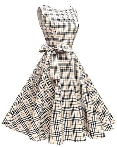 Hanpceirs Women's Boatneck Sleeveless Swing Vintage 1950s Cocktail Dress Beigeplaid, XS(fit US 0-2) - Thumbnail 4