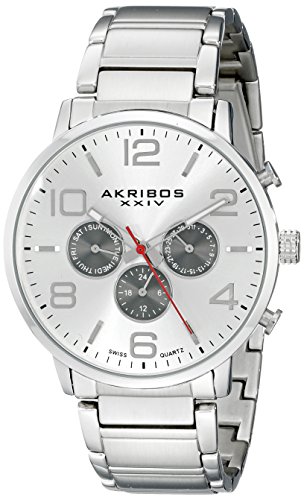 Akribos XXIV Men's AK803SSW Multifunction Swiss Quartz Movement Watch with Silver Dial and Stainless Steel Bracelet