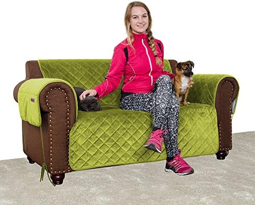 FURRY BUDDY Quilted Velvet Pet Loveseat Cover, Water Resistant Couch Furniture Cover, Non-Slip Silicone Rubber Bottom, Tucking Flaps, 8 Tying Strings, 3 Storage Pockets, Green