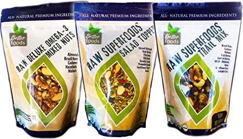 Raw Superfoods Variety Snack Pack (Raw Superfoods Trail Mix - The Works, Raw Superfoods Salad Topper, Raw Unsalted Deluxe Omega 3 Mixed Nuts) - 3 Bags