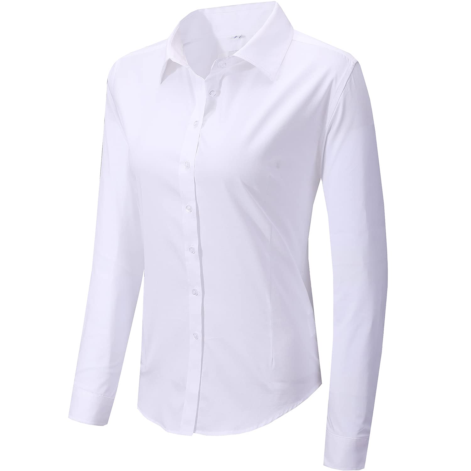 Photo 1 of DIYUS Women's Button Down Shirt Slim-Fit Stretchy Cotton Long Sleeve Work Blouses White M