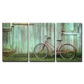 3 Piece Canvas Wall Art - Old Bicycle Leaning Against Grungy Barn - Modern Home Art Stretched and Framed Ready to Hang - 16"x24"x3 Panels