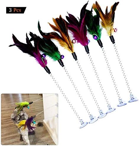 Cat Teaser Wand, 3 Packs Metal Wire Spring Cat Toy with Feather and Bell Sucker Cat Teaser Rod Interactive Cat Tease Toys