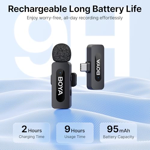 BOYA BY-V10 Wireless Microphones for iPhone 15/16 Series, Android/Laptop with USB-C Port, 100m Range, 9H Battery Life, Noise Reduce Mini Mic Clip on Lapel Microphone for Video Recroding/Youtube/TikTok