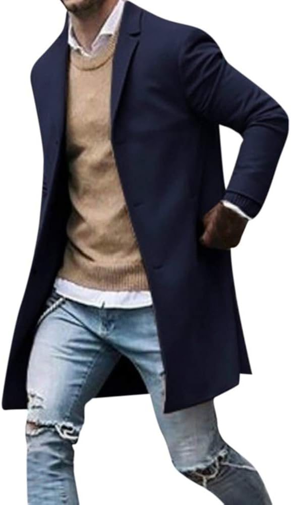 Men Long Trench Coat Long Sleeve Single Breasted Winter Lapel Button Down Jacket Coat Pea Coat Overcoat by Lowprofile