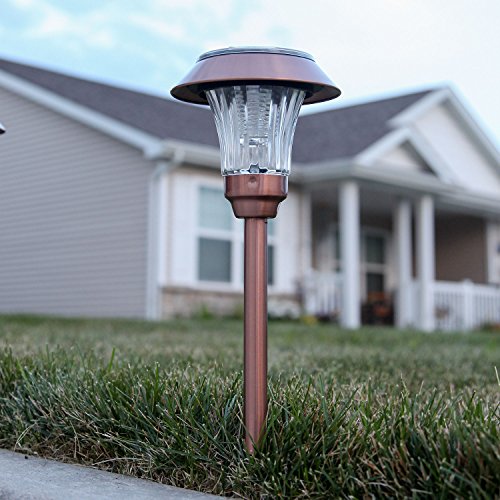 Copper Metal Solar Path Lights, Set of 4 Pathway Landscape Lighting, Warm White LEDs, Rechargeable, Waterproof